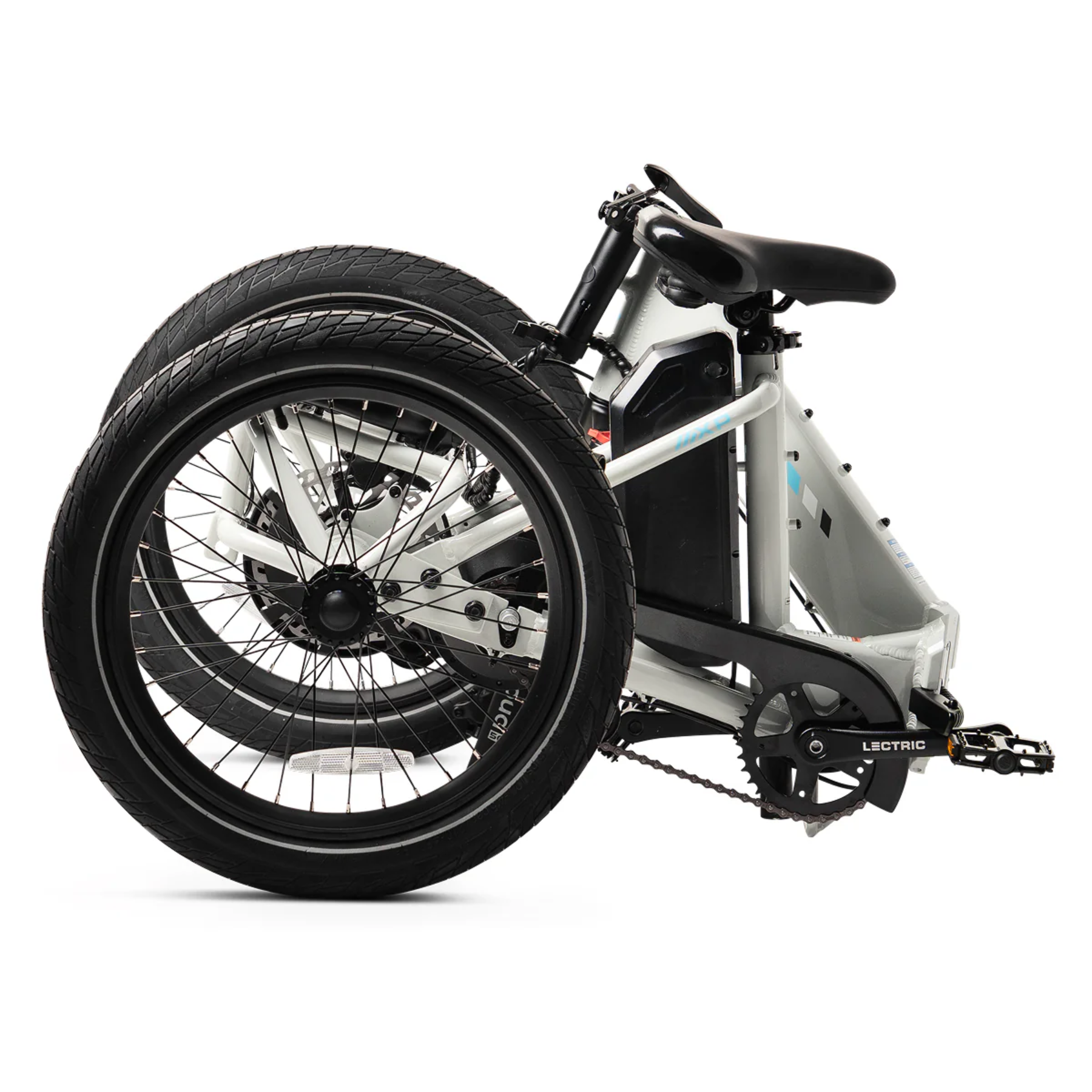The Lectric XP Trike2 by Lectric is displayed in a compact, folded position with its white frame and wheels neatly aligned side by side.