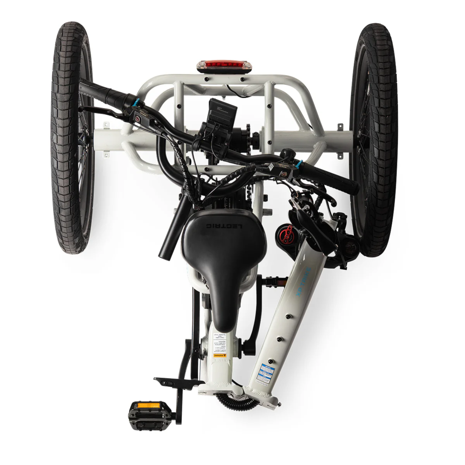 Overhead view of the Lectric XP Trike2 by Lectric, a long-range electric tricycle cargo bike, highlighting its handlebars, seat, two rear wheels, and pedal from above against a white background.