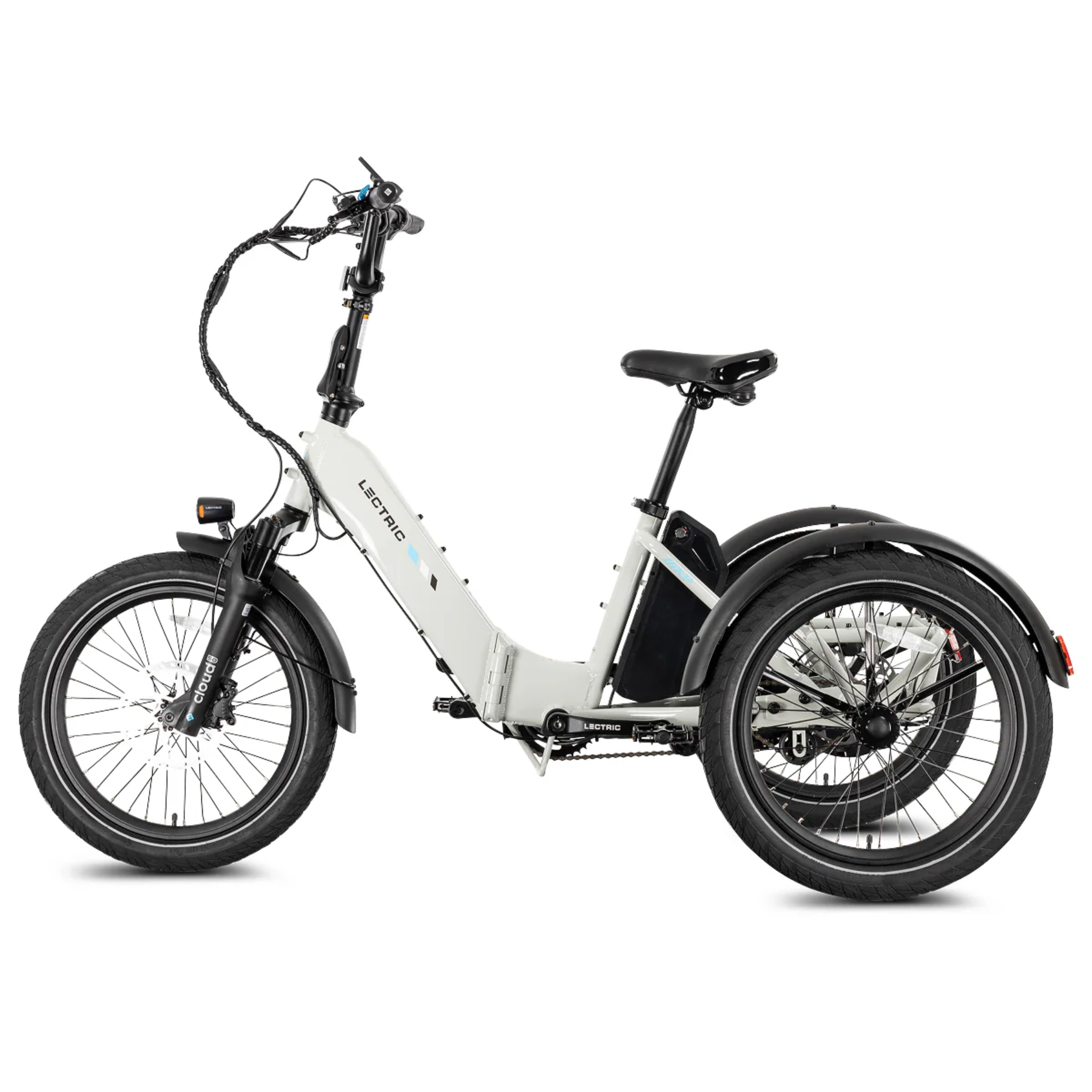 Side view of the Lectric XP Trike2 by Lectric, a white electric tricycle with a step-through frame, black seat, handlebars, and fenders—engineered for stability and easy access, ideal for riders seeking long-range performance.