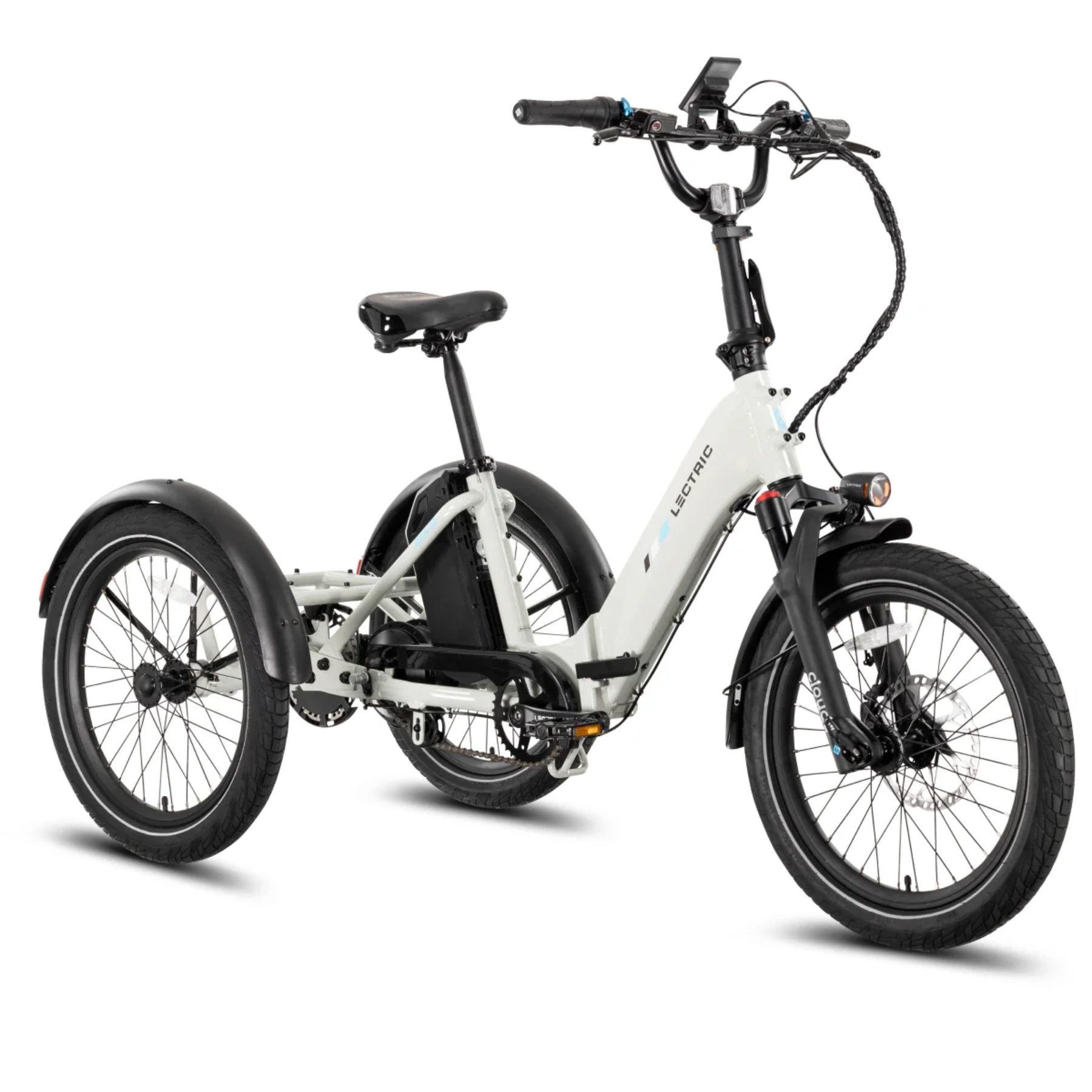 The Lectric XP Trike2 by Lectric is a white electric tricycle featuring a step-through frame, two rear wheels, front suspension, and a handlebar display, delivering long range for extended rides.