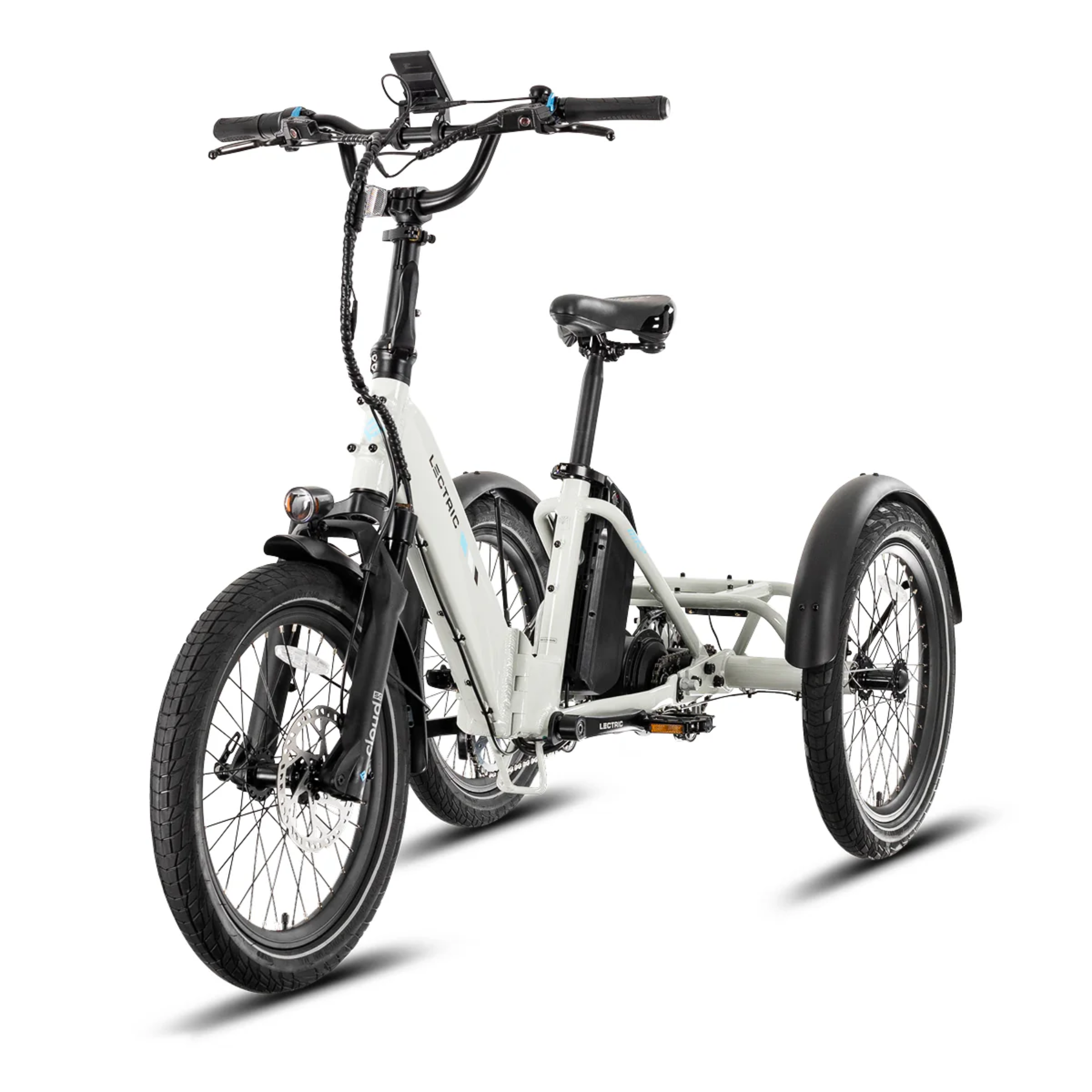 The Lectric XP Trike2 by Lectric is a white electric tricycle with a front headlight, digital handlebar display, and two rear wheels, delivering long-range performance. Shown here from a front-side angle.