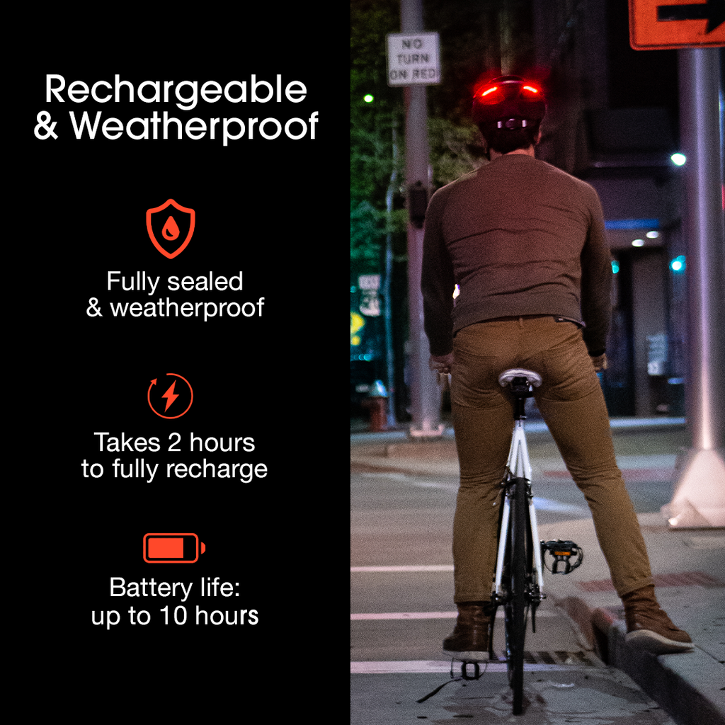 Cyclist with a Lumos Ultra MIPS Helmet at night, showcasing features of integrated LED lighting that’s rechargeable and weatherproof with detailed battery life.