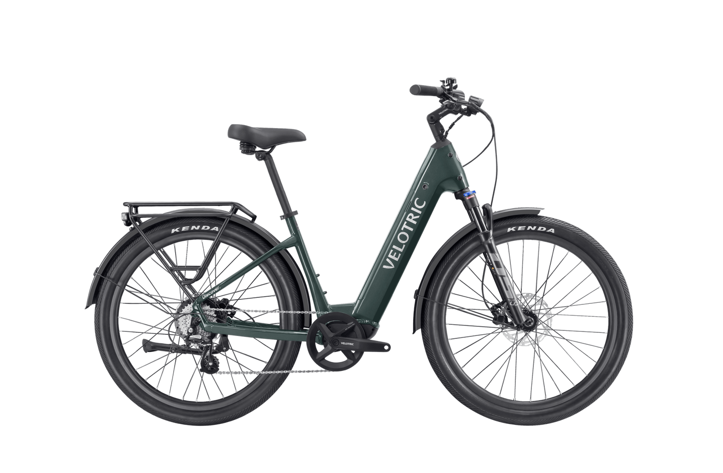 Side view of a dark green Velotric - Discover 2 with step-through frame, featuring thick Kenda tires, rear rack, front suspension, and disc brakes, showcasing advanced eBike engineering.