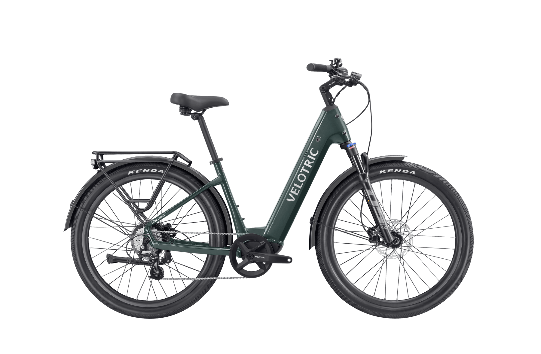 Side view of a dark green Velotric - Discover 2 with step-through frame, featuring thick Kenda tires, rear rack, front suspension, and disc brakes, showcasing advanced eBike engineering.