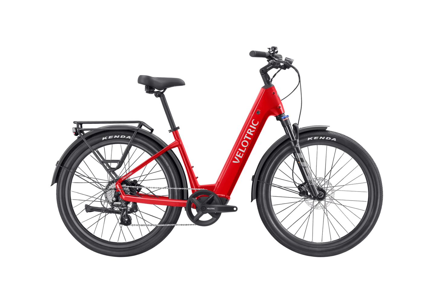 A red Velotric - Discover 2 with a step-through frame, black tires, and rear cargo rack showcases advanced eBike engineering. Available at Tampa Bay eBikes.