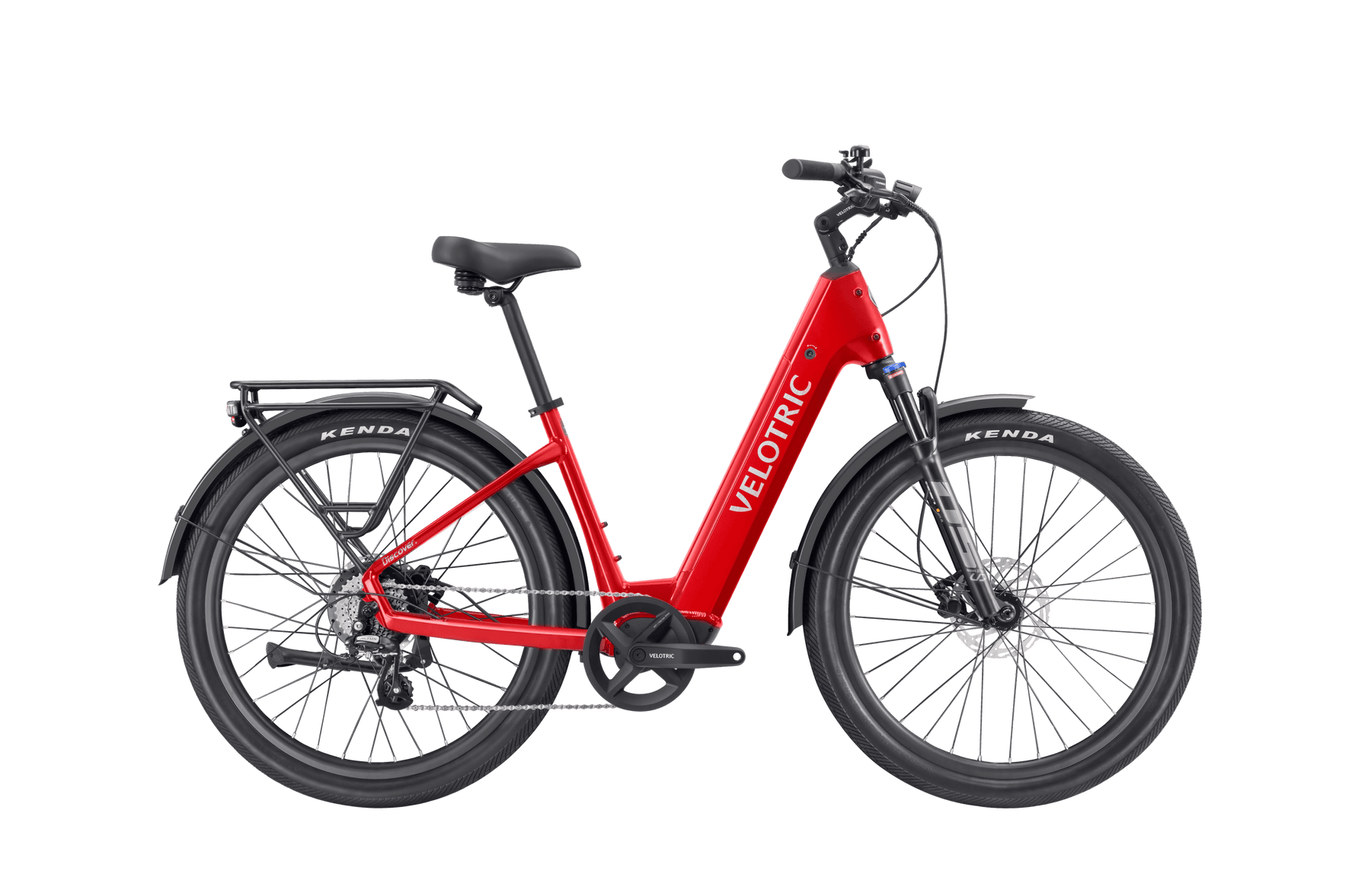 A red Velotric - Discover 2 with a step-through frame, black tires, and rear cargo rack showcases advanced eBike engineering. Available at Tampa Bay eBikes.