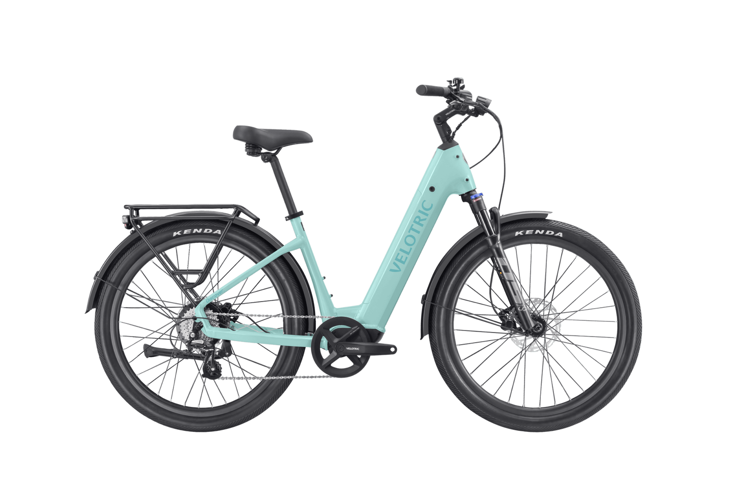 A light blue **Velotric - Discover 2** with a step-through frame, black tires, front suspension, and rear cargo rack, showcasing advanced eBike engineering.