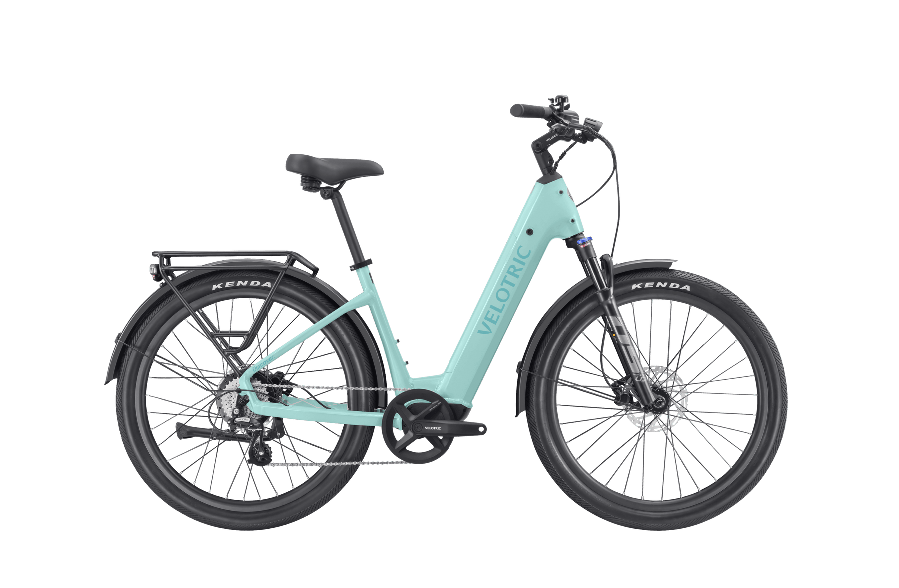 A light blue **Velotric - Discover 2** with a step-through frame, black tires, front suspension, and rear cargo rack, showcasing advanced eBike engineering.