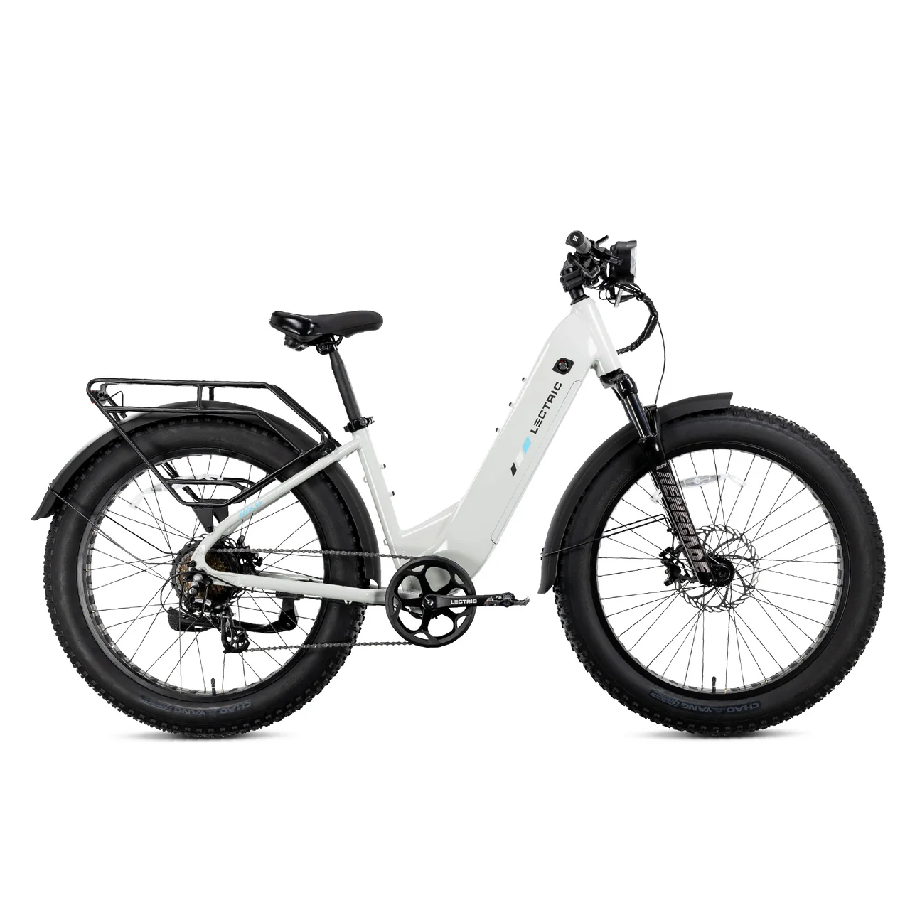 The Lectric Xpeak 2.0 by Lectric is a white electric bicycle featuring wide tires, a rear cargo rack, front and rear fenders, and a step-through frame, shown in profile on a white background.