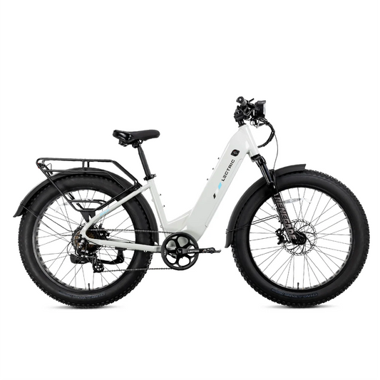 The Lectric Xpeak 2.0 by Lectric is a white electric bicycle featuring wide tires, a rear cargo rack, front and rear fenders, and a step-through frame, shown in profile on a white background.