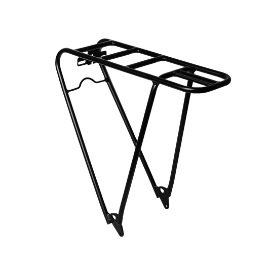 The Urtopia Rear Rack for the Carbon 1 Pro is a sleek black metal rack made from lightweight aluminum. Its flat top and dual support legs provide secure item transport above the rear wheel.