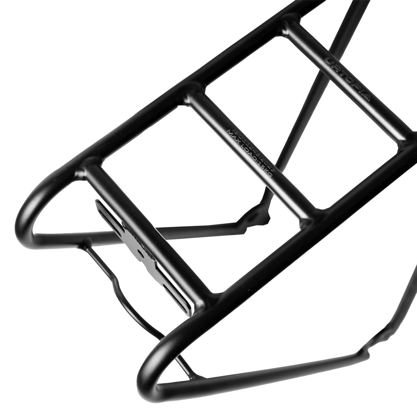 Close-up of the Urtopia Rear Rack designed for the Carbon 1 Pro, featuring multiple bars and side mounting points. It is crafted from lightweight aluminum, offering enhanced durability and easy attachment to a bike's rear.