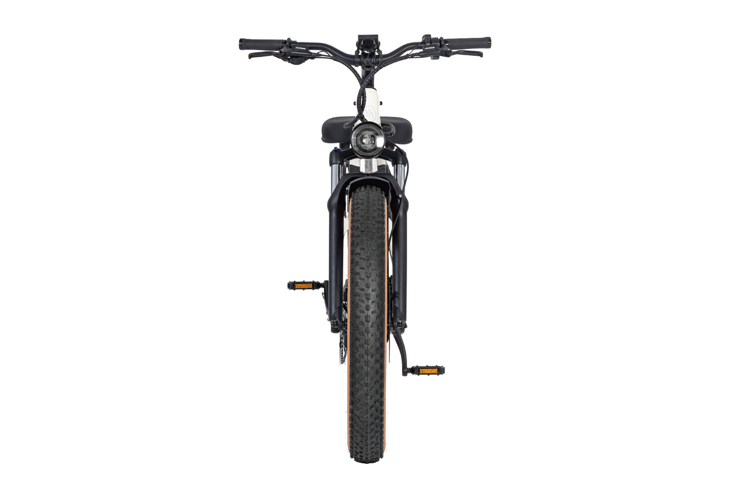Front view of a black AIMA - Big Sur with a wide tire and handlebar, headlights, and pedals, your perfect all-terrain companion.