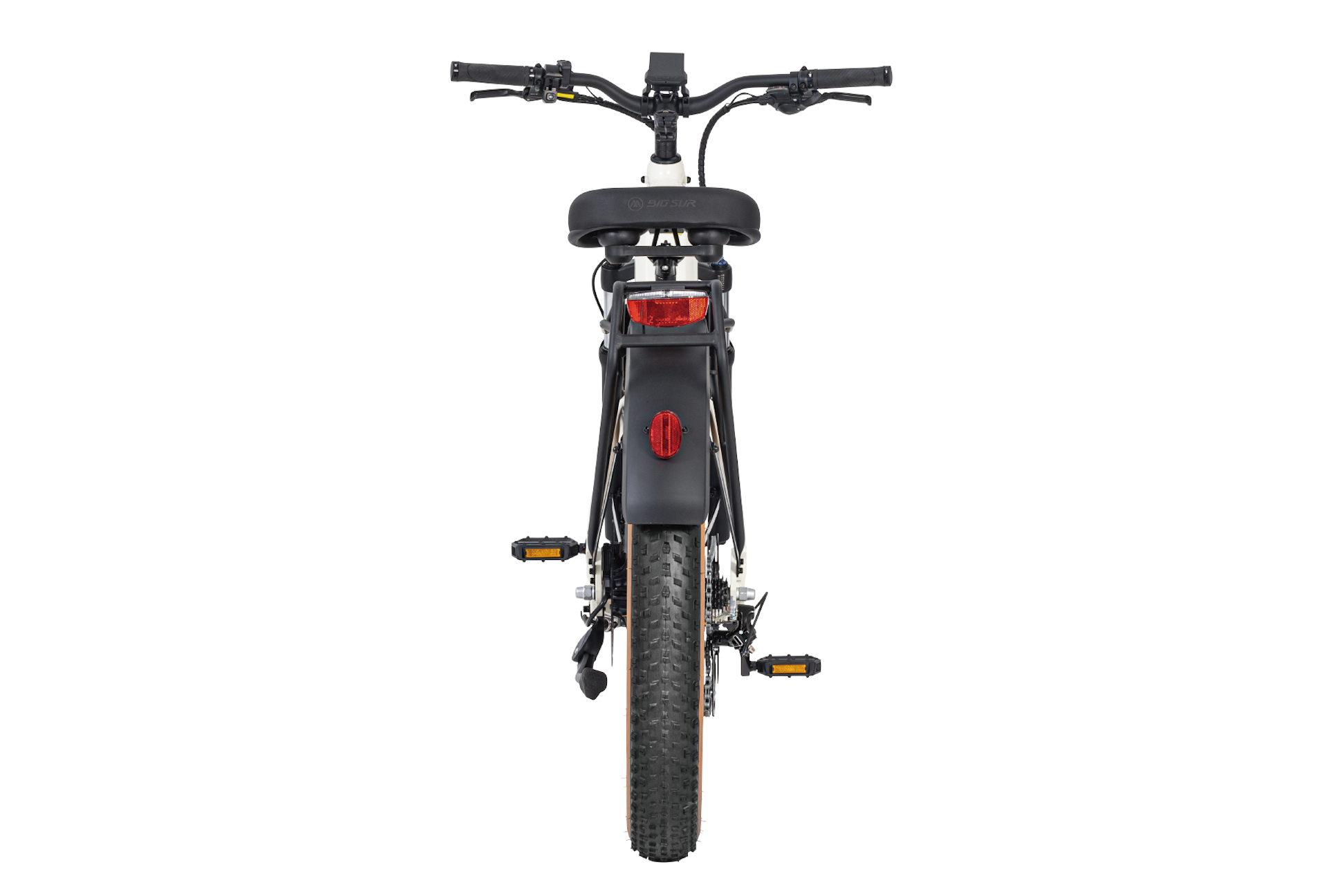 Rear view of an AIMA - Big Sur by AIMA black electric bicycle with a wide seat, handlebar, brake light, and thick tires—your perfect all-terrain companion.