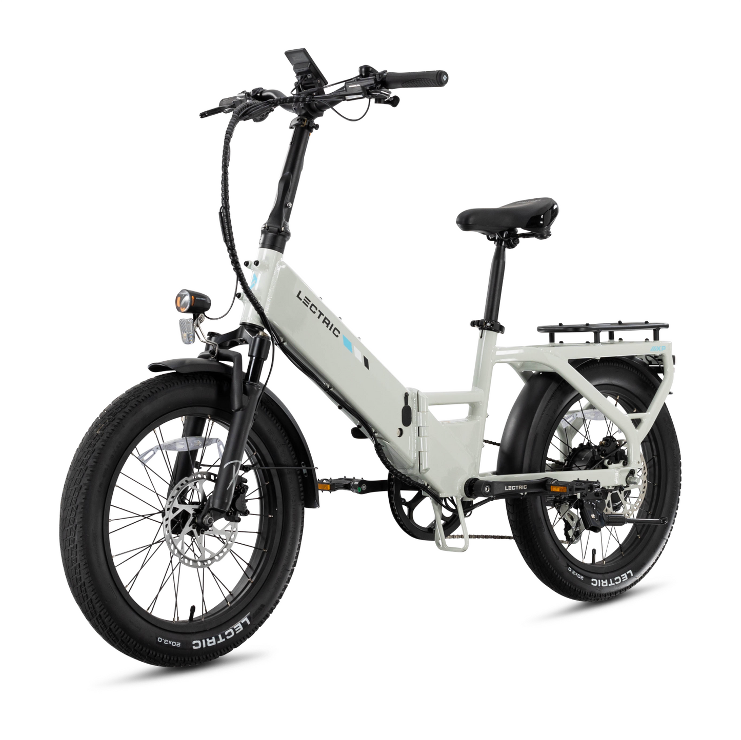 Lectric XP4 folding eBike by Lectric, featuring fat tires, front suspension, 750W rear hub motor, rear cargo rack, and upright handlebars, shown on a plain white background.
