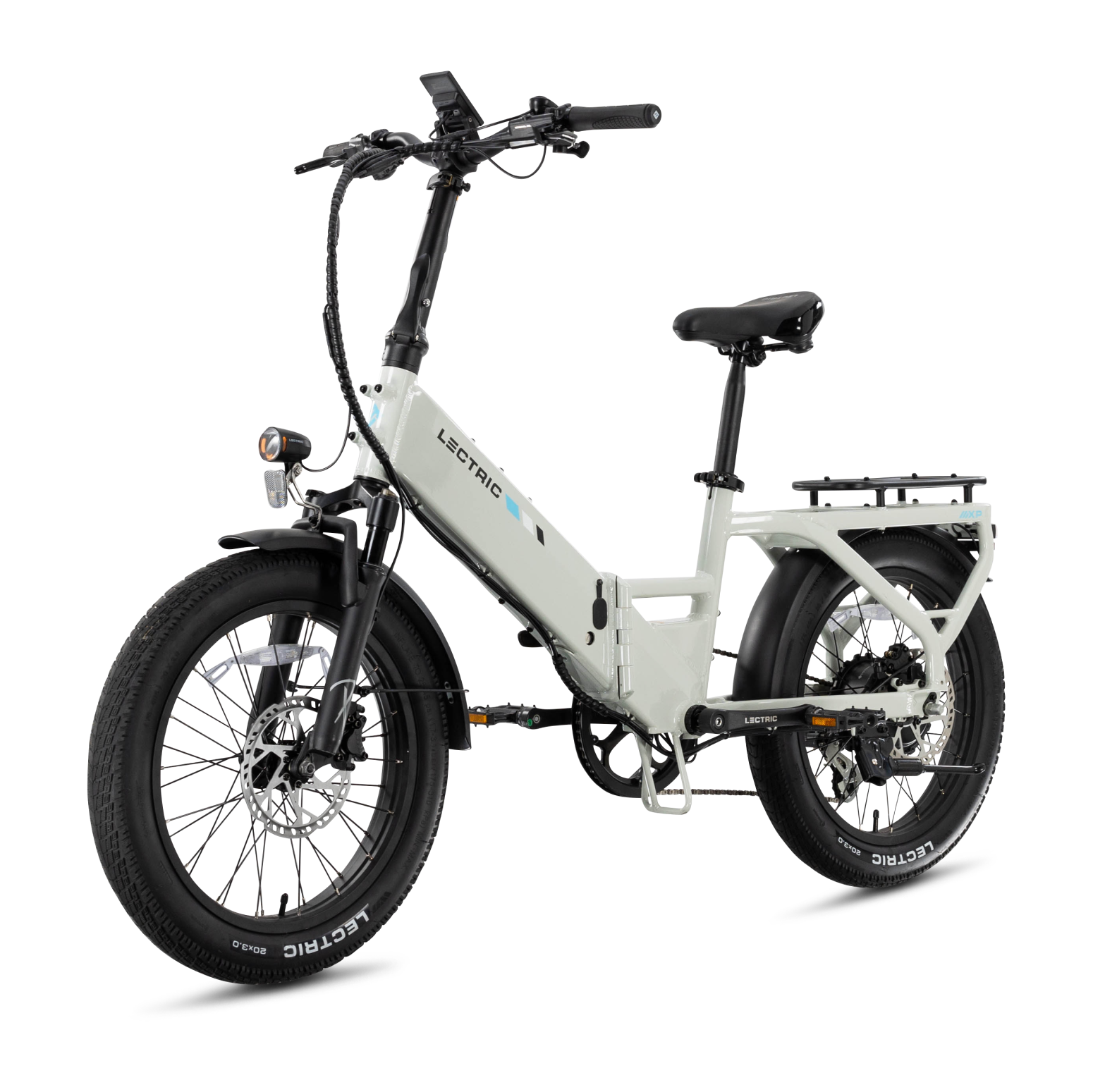 Lectric XP4 folding eBike by Lectric, featuring fat tires, front suspension, 750W rear hub motor, rear cargo rack, and upright handlebars, shown on a plain white background.