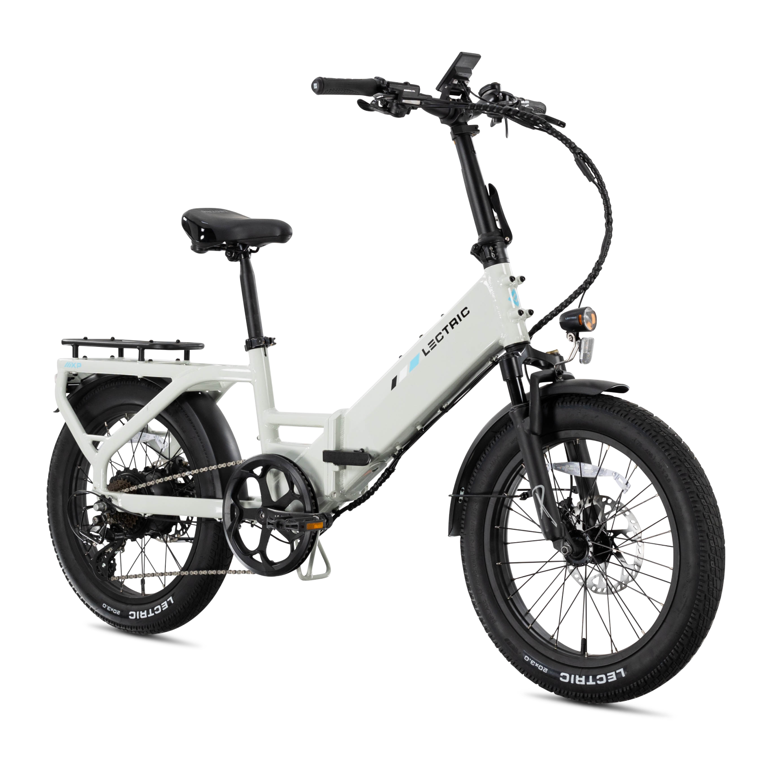 The Lectric XP4, a white folding eBike by Lectric, features thick tires, a 750W rear hub motor, rear cargo rack, front suspension fork, and wheel reflectors. Shown in the photo on a white background.