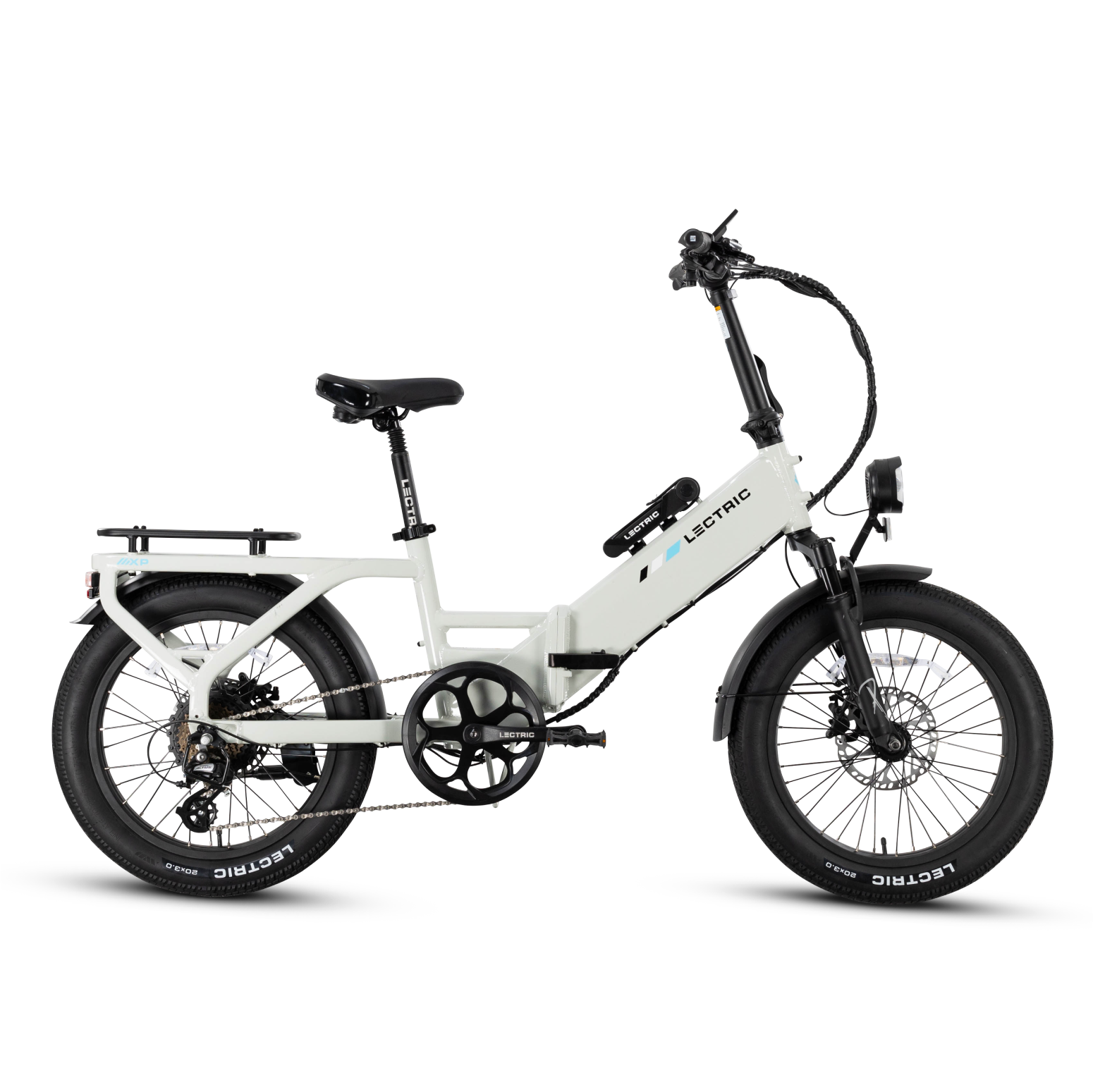 The Lectric XP4 folding eBike, featuring fat tires, step-through frame, fenders, rear cargo rack, and front suspension fork by Lectric—shown in side profile—is available at Tampa Bay eBikes.