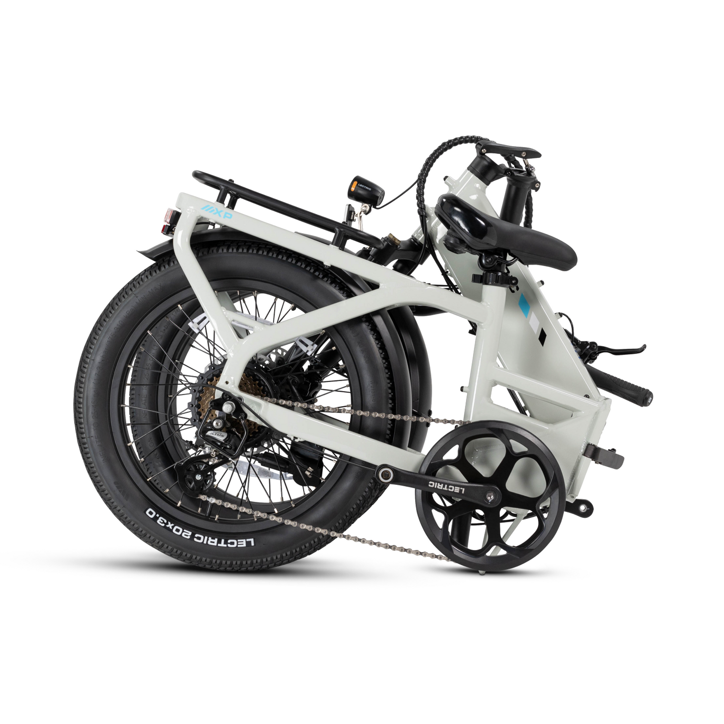The Lectric XP4 eBike by Lectric is shown fully collapsed, with its frame, wheels, pedals, seat, and handlebars compactly folded together. Features a powerful 750W rear hub motor for easy portability.