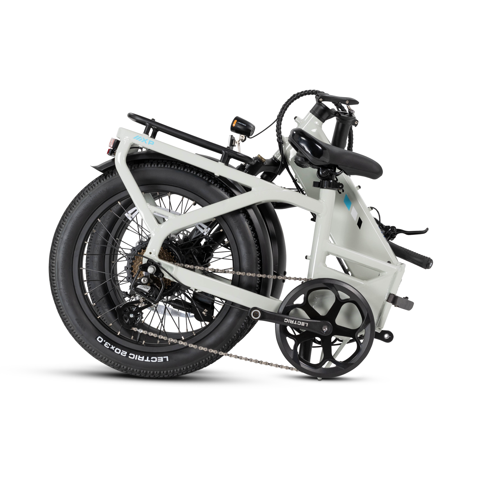 The Lectric XP4 eBike by Lectric is shown fully collapsed, with its frame, wheels, pedals, seat, and handlebars compactly folded together. Features a powerful 750W rear hub motor for easy portability.