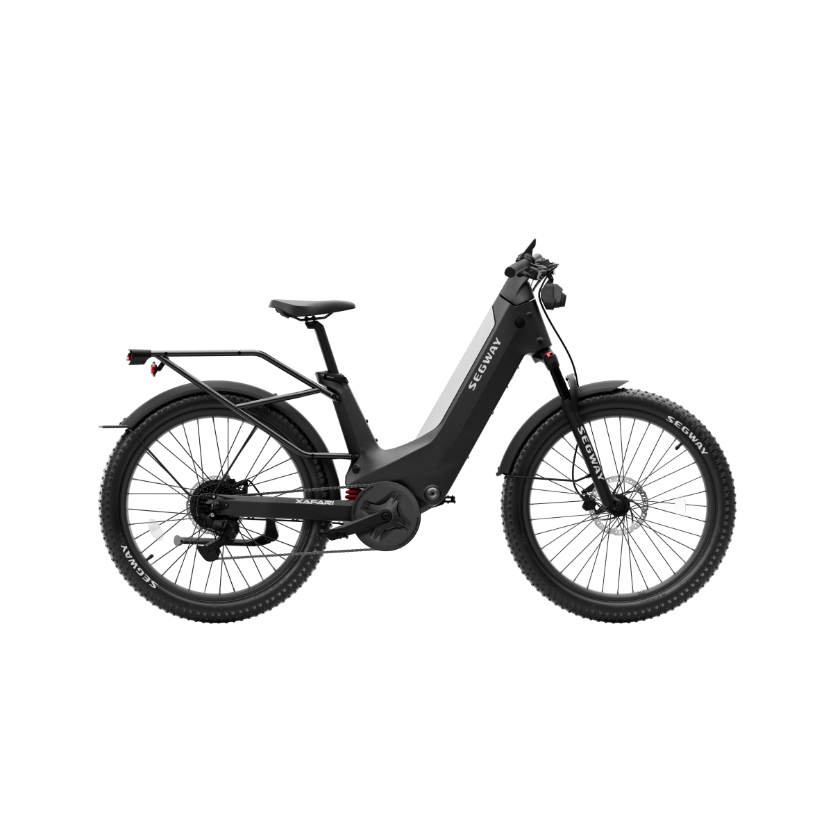 The Segway - Xafari by Segway features a powerful motor, step-through frame, fenders, rear cargo rack, suspension fork, and wide all-terrain tires—all displayed on a plain white background.