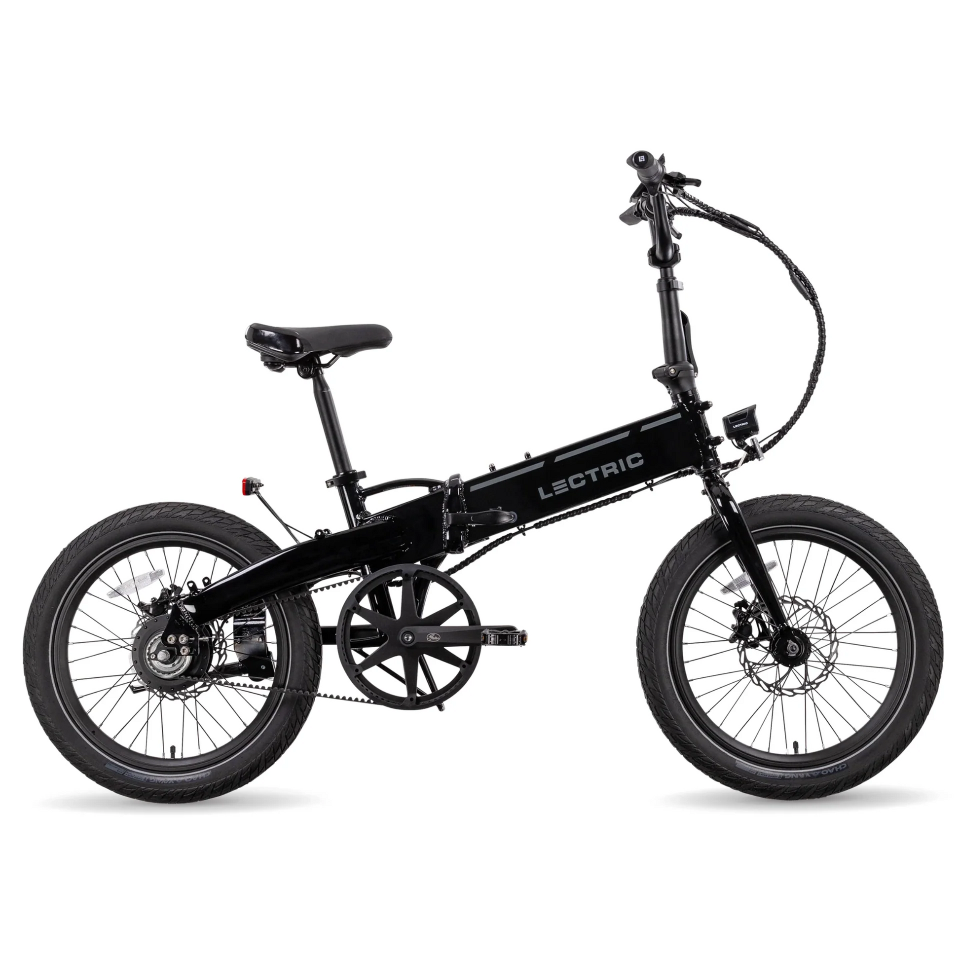 The black Lectric - XP Lite 2.0 eBike with a foldable, compact frame, wire cables, and visible disc brakes at the front and rear is set against a white backdrop, highlighting its powerful performance.