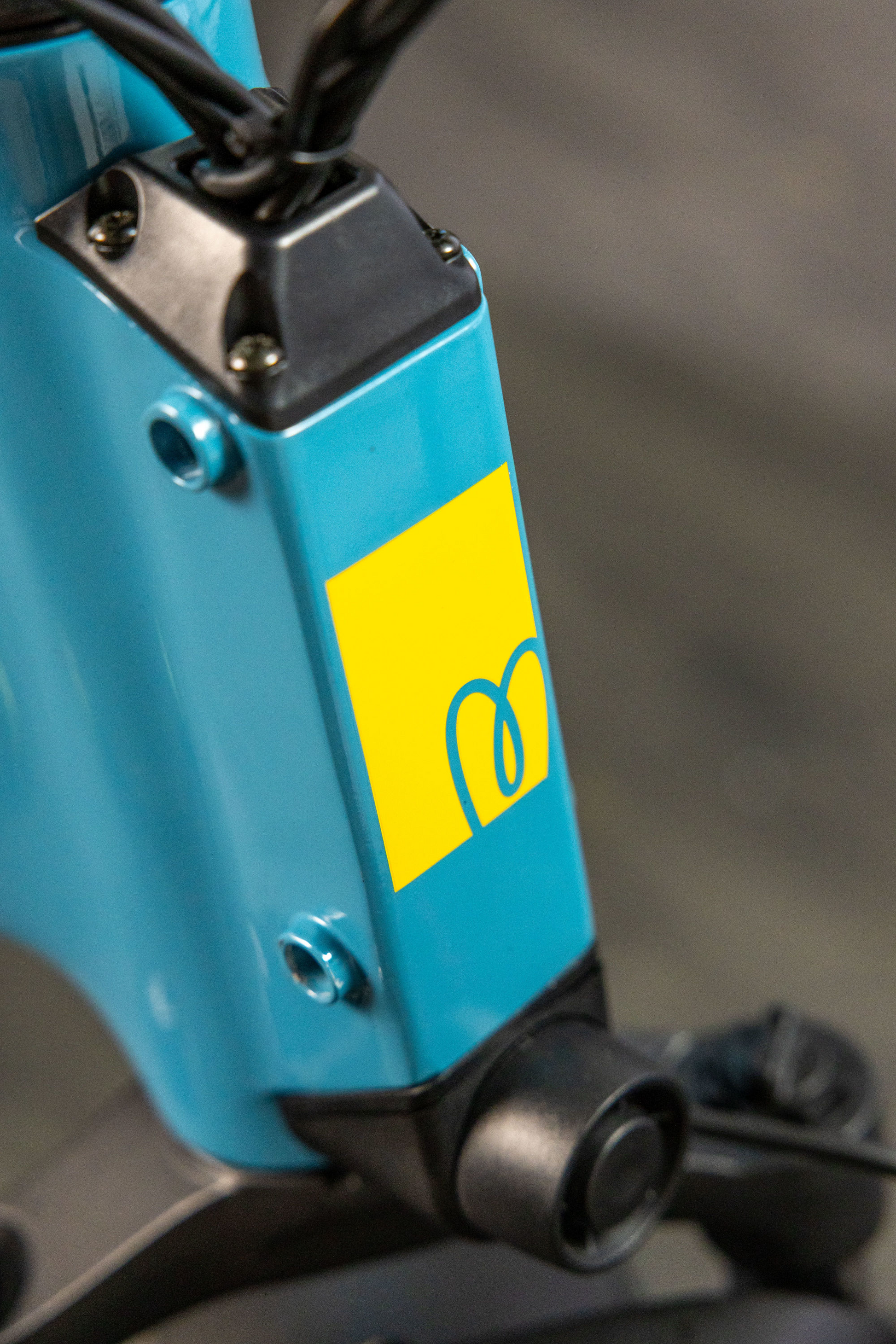 Close-up of a Momentum Cito E+ blue bike frame with a yellow sticker featuring a heart design, focused on the sticker with blurred background.