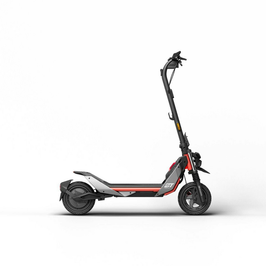 Side view of the Segway ZT3 Pro by Segway, a modern urban electric scooter featuring a black and red frame, large tires, and a sturdy deck, photographed against a plain white background.