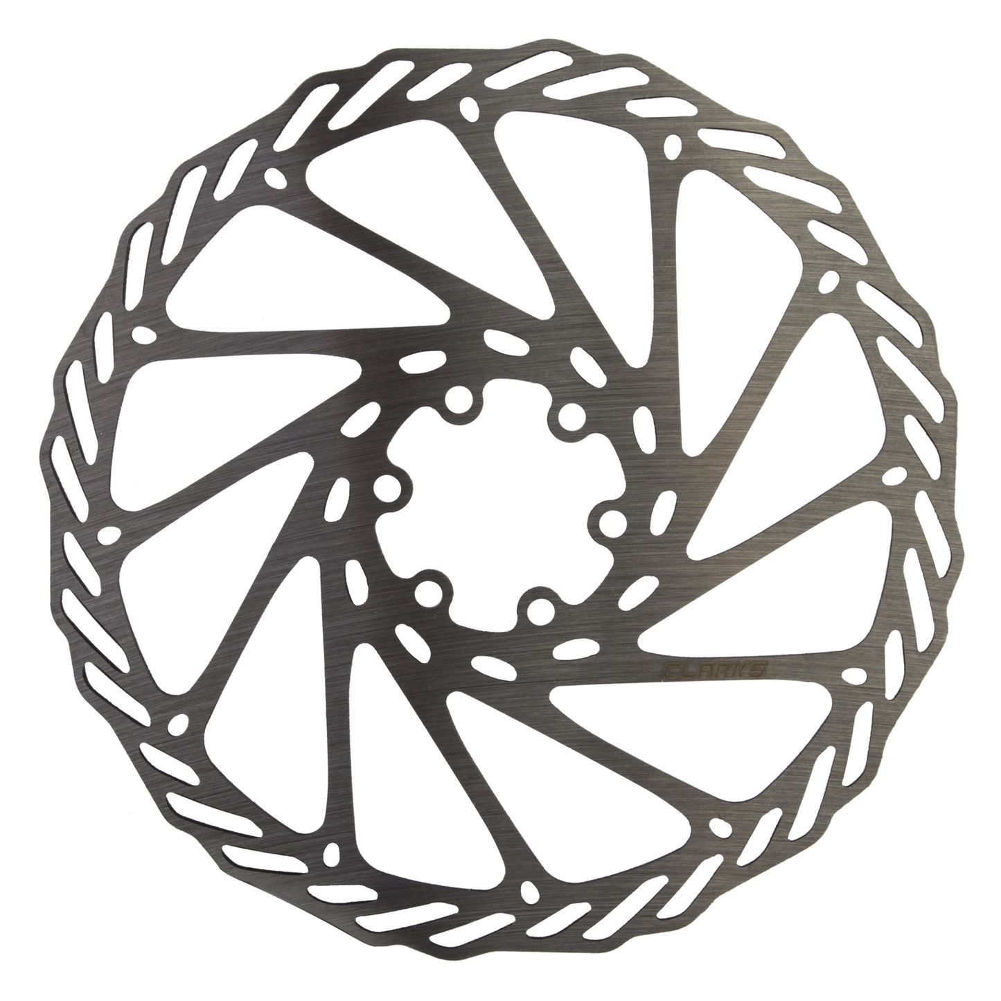 A close-up of a Clarks Disk Brake Rotor - 180mm, crafted from 120CR stainless steel, featuring a geometric pattern and cooling slots designed for optimal heat dissipation.