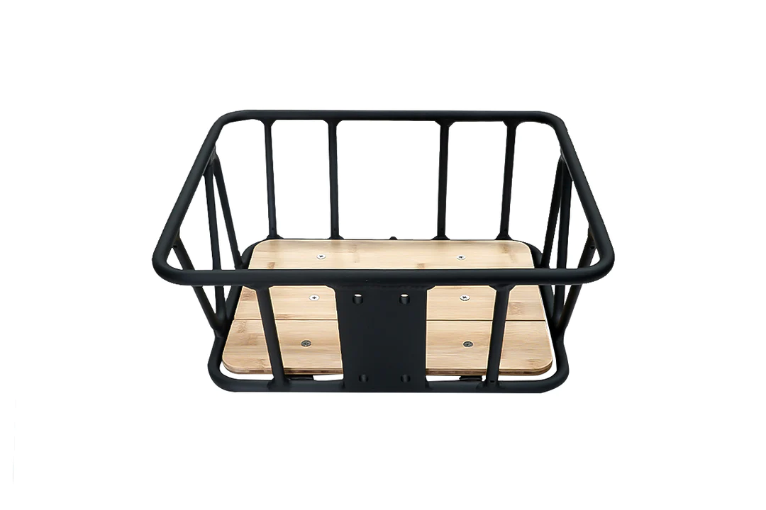A lightweight Himiway Big Dog front rack/basket with a wooden top, perfect for bike storage space.