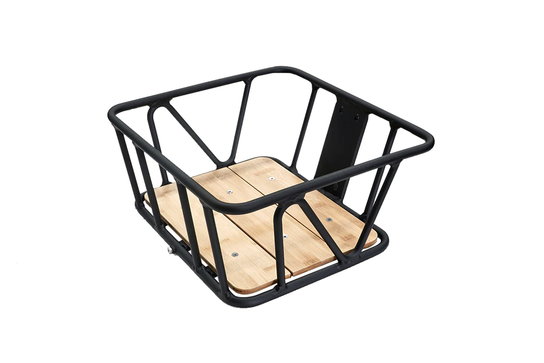 A lightweight Himiway Big Dog Front Rack / Basket with ample storage space, featuring wooden dividers.