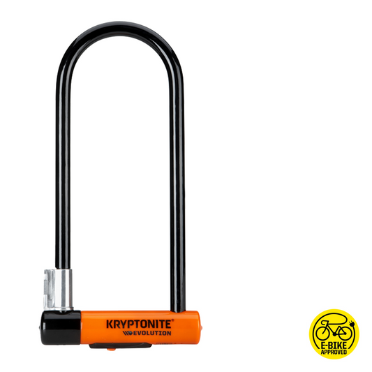 A black and orange Kryptonite Evolution U-lock, featuring a hardened steel shackle and shown with the high security disc-style cylinder. E-bike approved seal in the bottom right corner.