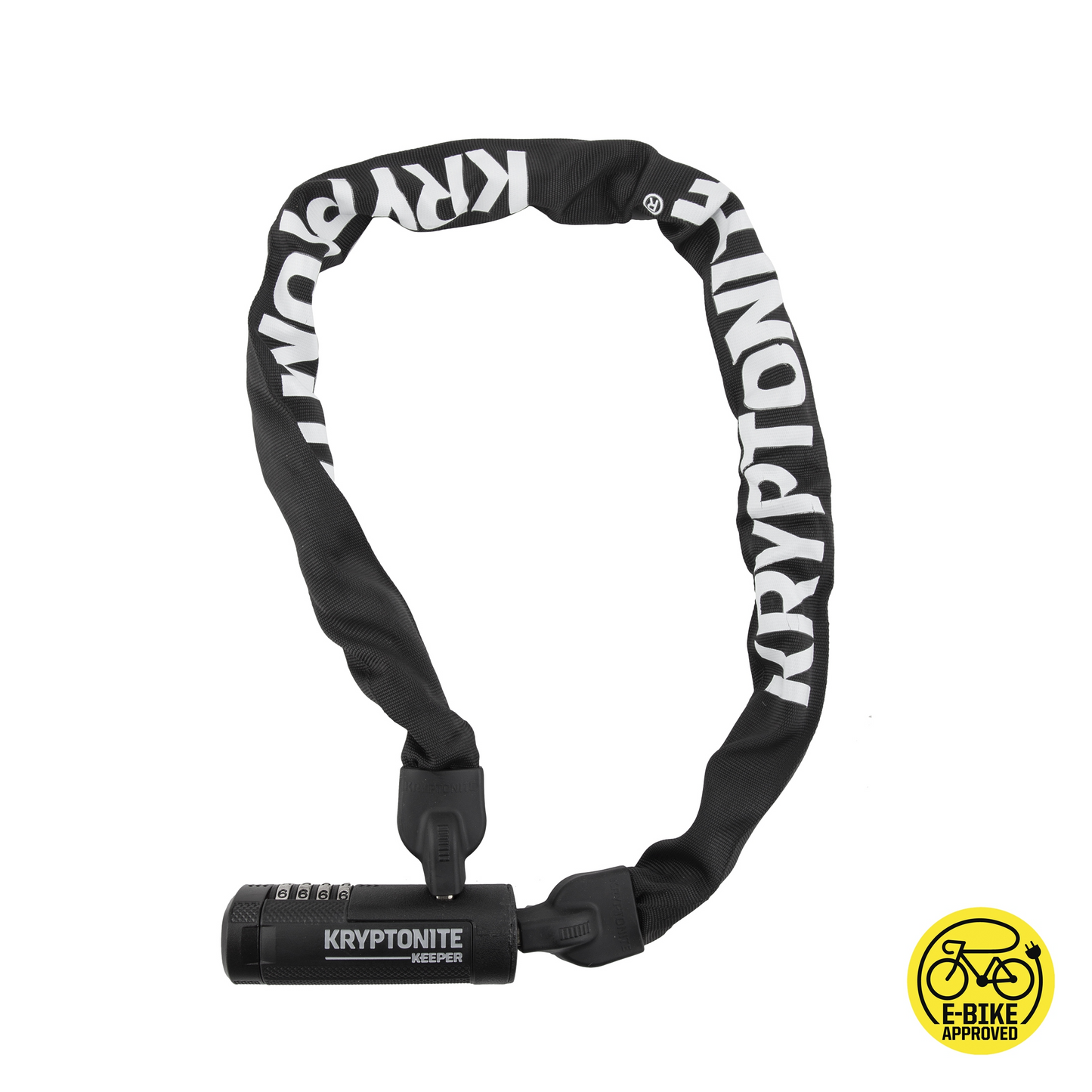 The Kryptonite Keeper 790 chain lock features robust black-colored, 4-sided chain links made from high-strength 3t manganese steel, proudly displaying the Kryptonite branding. This lock is specifically designed for securing bicycles and includes an "E-BIKE APPROVED" symbol to indicate its suitability for electric bikes.