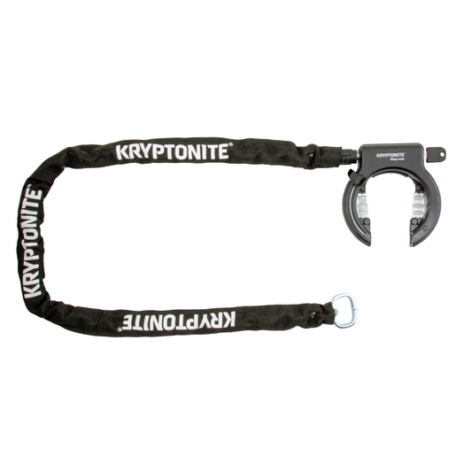 A black Kryptonite Ring Lock with Plug In Chain, offering optimal security against theft.