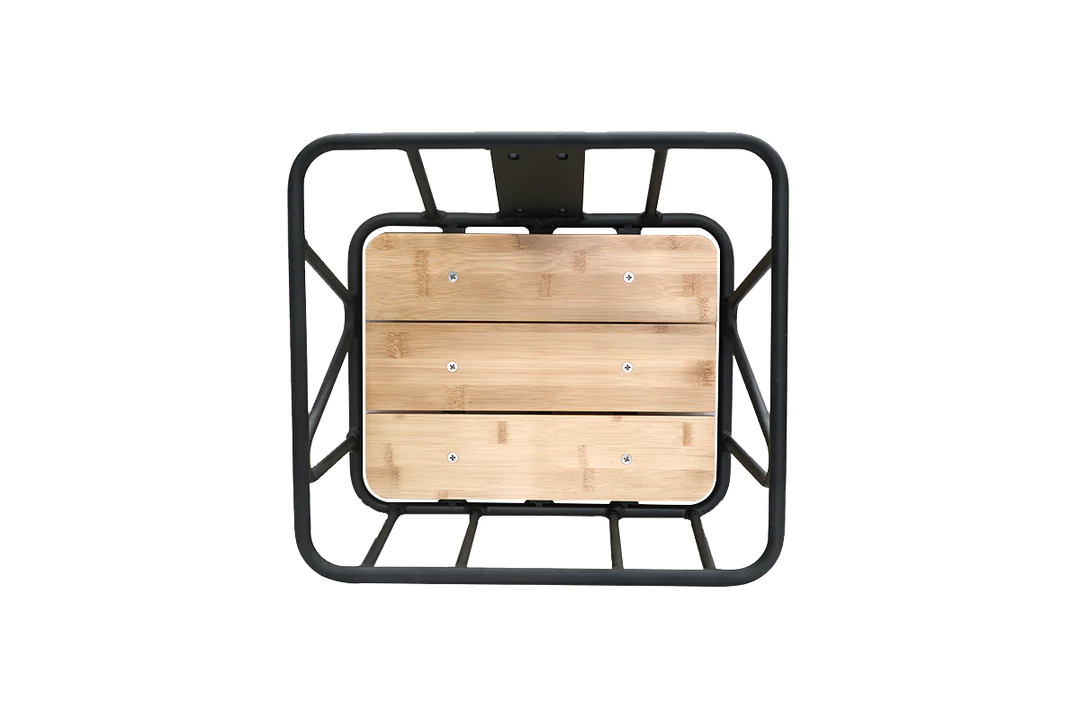 A lightweight Himiway Big Dog front rack/basket with wooden dividers, perfect for providing ample storage space.