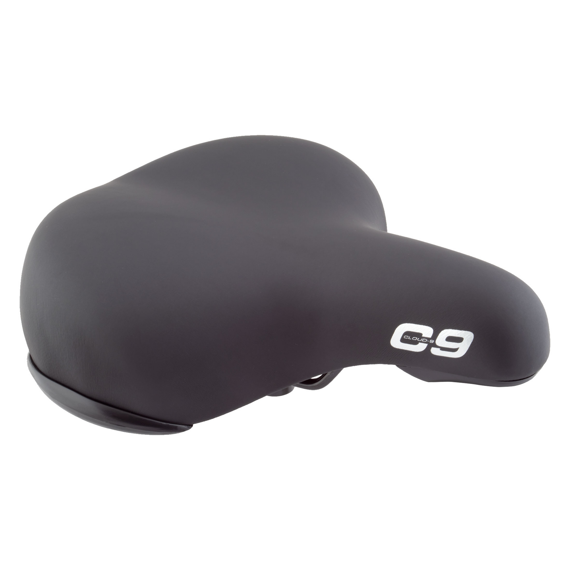 The black CLOUD-9 Support Comfort Seat boasts a plush, cushioned saddle with a wide cruiser design for superior scuff resistance. The side features the C9 logo, seamlessly blending style and comfort.