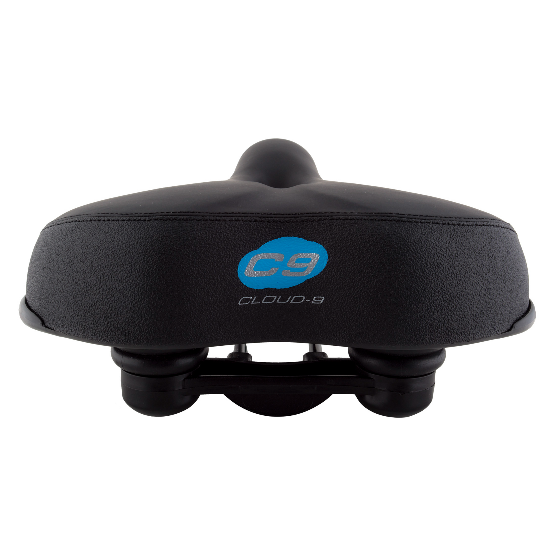 The back of a CLOUD-9 Support XL Air Flow bicycle seat with a blue logo.