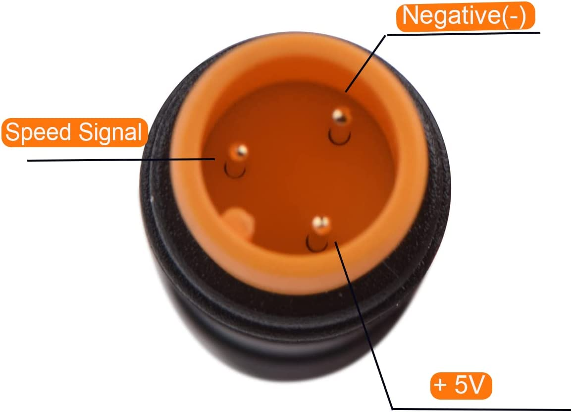 Close-up of a circular electrical connector with three labeled pins: "Speed Signal," "Negative(-)," and "+5V." The connector, part of the Throttle - Thumb - 130X by Tampa Bay eBikes, is made of high-quality plastic and features an orange inner ring and a black outer casing.