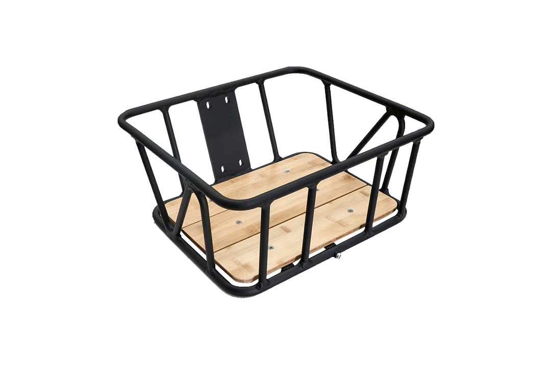 A Himiway Big Dog front rack / basket with storage space and wooden dividers.