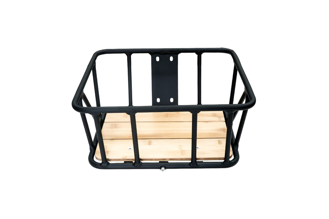 A lightweight Himiway Big Dog front rack/bike basket with storage space for essentials and a wooden board inside for added durability.