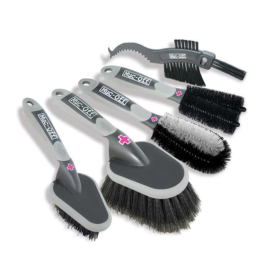 Introducing the Muc-Off - 5pc Brush Set: a collection of five premium cleaning brushes, ideal for bike maintenance with a variety of sizes and shapes tailored for different tasks. This set includes a soft washing brush, ensuring your ride remains sparkling and well-maintained.
