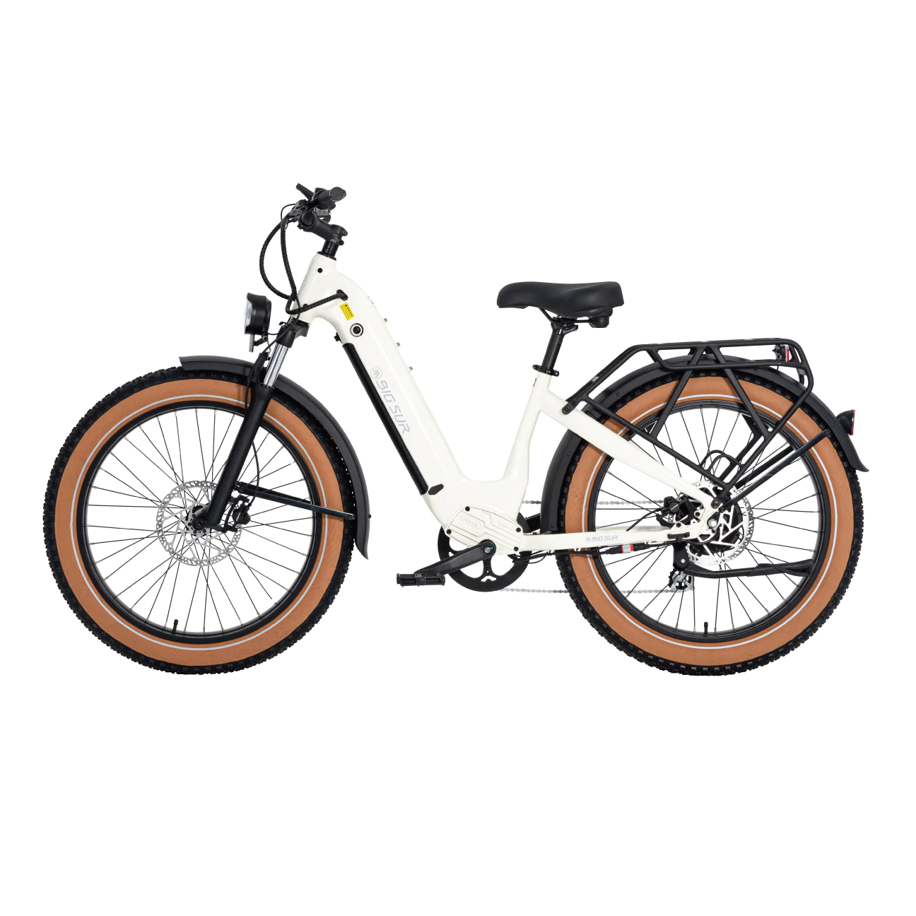 A white and tan AIMA - Big Sur e-bike on a white background with fat tires.