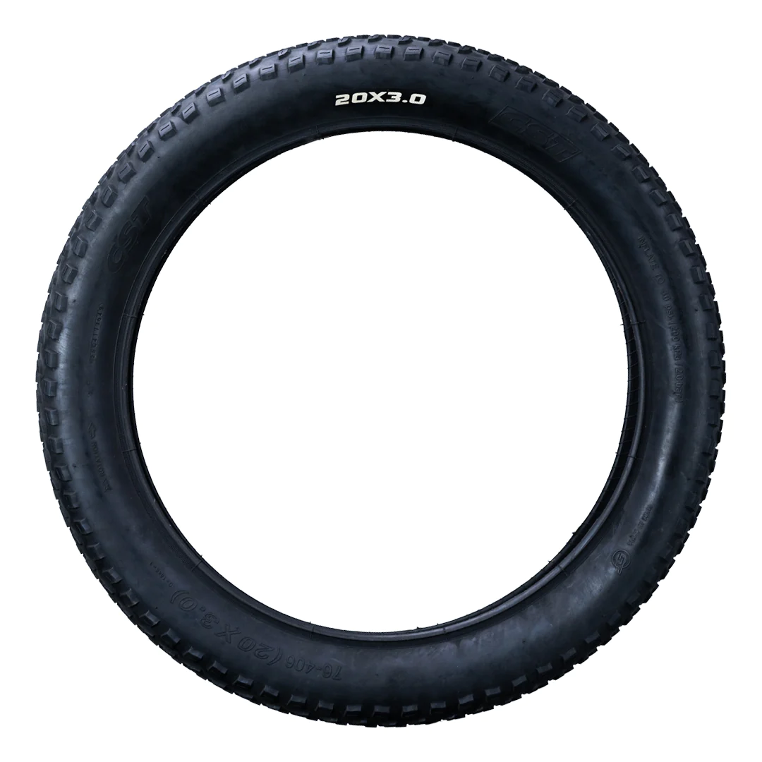 A single black Tires brand bicycle 20x3 tire isolated on a white background.