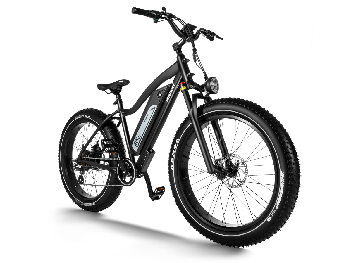 A black Himiway Cruiser electric bike is shown against a white background, featuring fat tires.