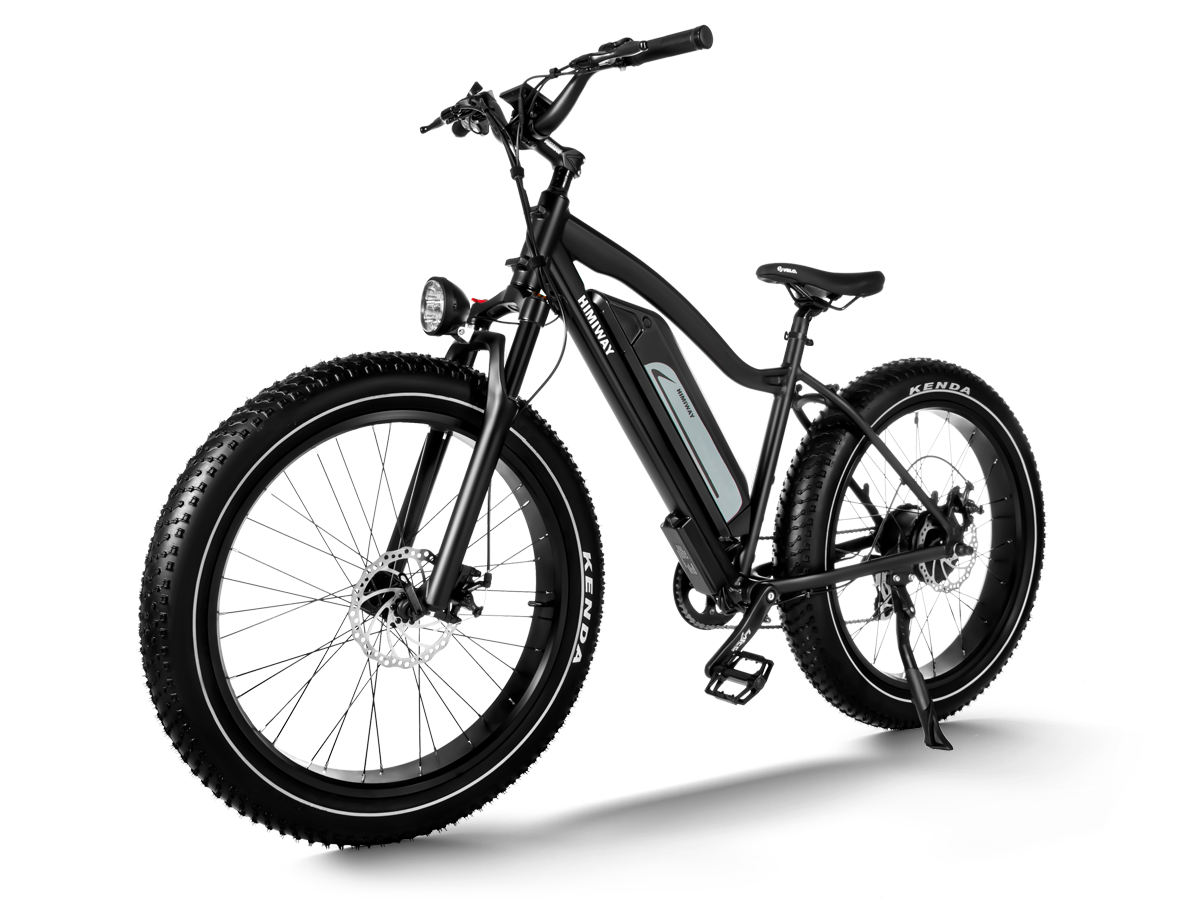 The Himiway Cruiser, a black electric bike with fat tires, is shown against a white background.
