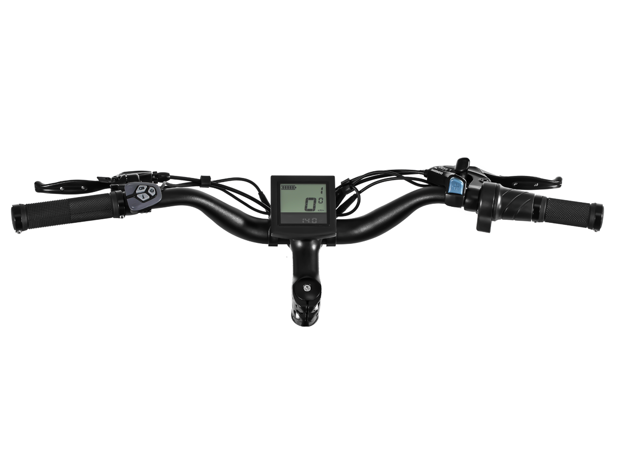 The Himiway - Cruiser - Black is an electric bike that comes equipped with a handlebar featuring an LCD screen.