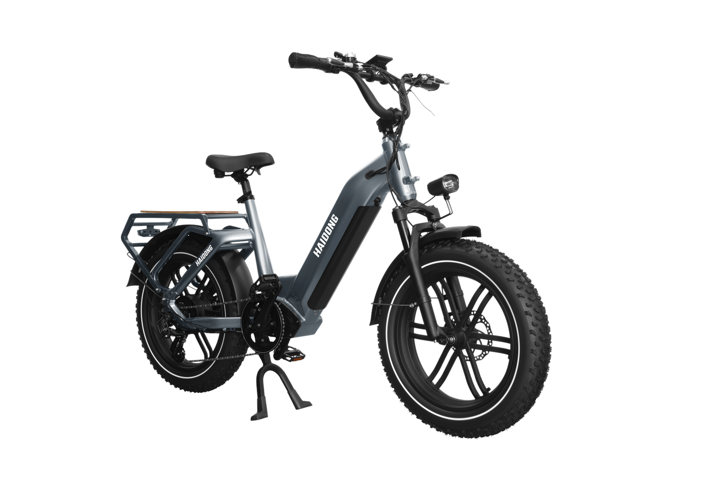 The Himiway Big Dog Grey is a powerful gray electric bike with a black seat and handlebars, designed for long-distance travel.