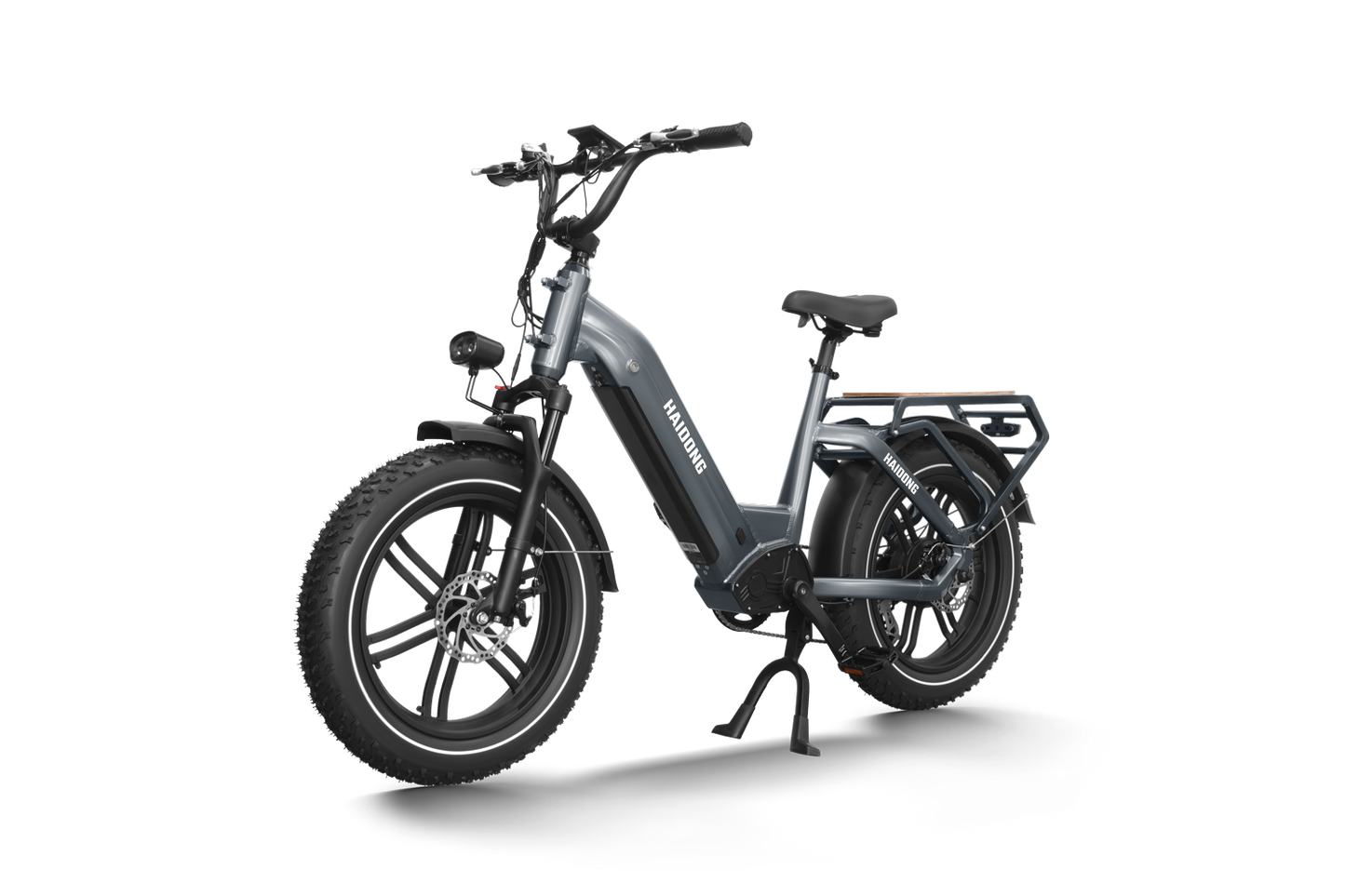 An electric bike is shown against a white background. This particular electric bike is the Himiway Big Dog Grey, designed for long-distance travel and equipped with a powerful 750W gear motor.