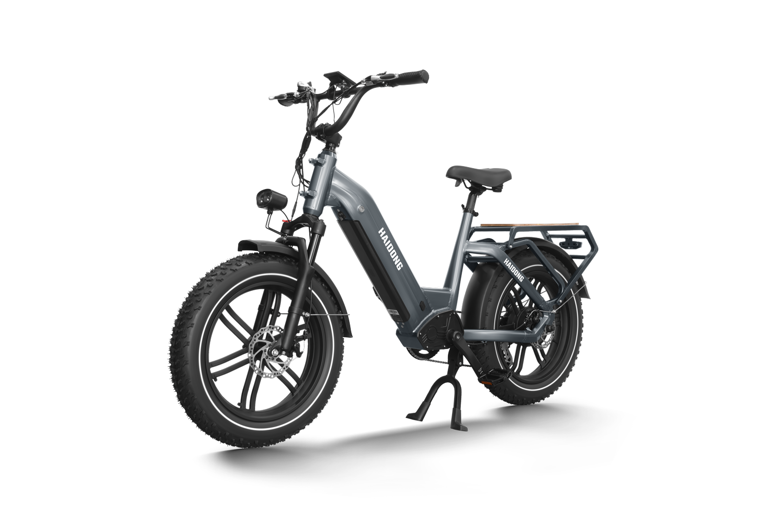 An electric bike is shown against a white background. This particular electric bike is the Himiway Big Dog Grey, designed for long-distance travel and equipped with a powerful 750W gear motor.