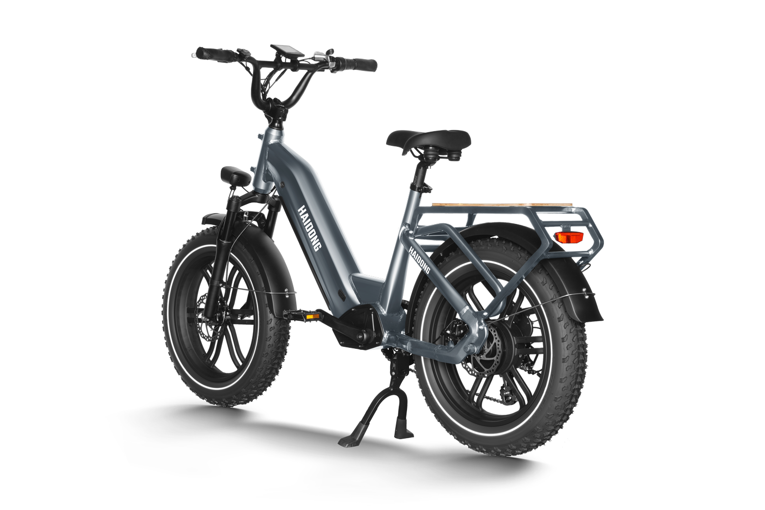 The Himiway - Big Dog - Grey, a powerful 750W gear motor electric bike, is designed for long-distance travel. It features a sleek gray color and is equipped with a black seat.
